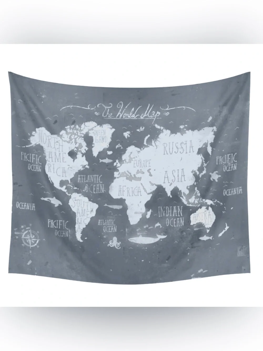 Society6 Tapestry World Map Grey Illustrated Wall Hanging XL 6.5 x 5.5 ft